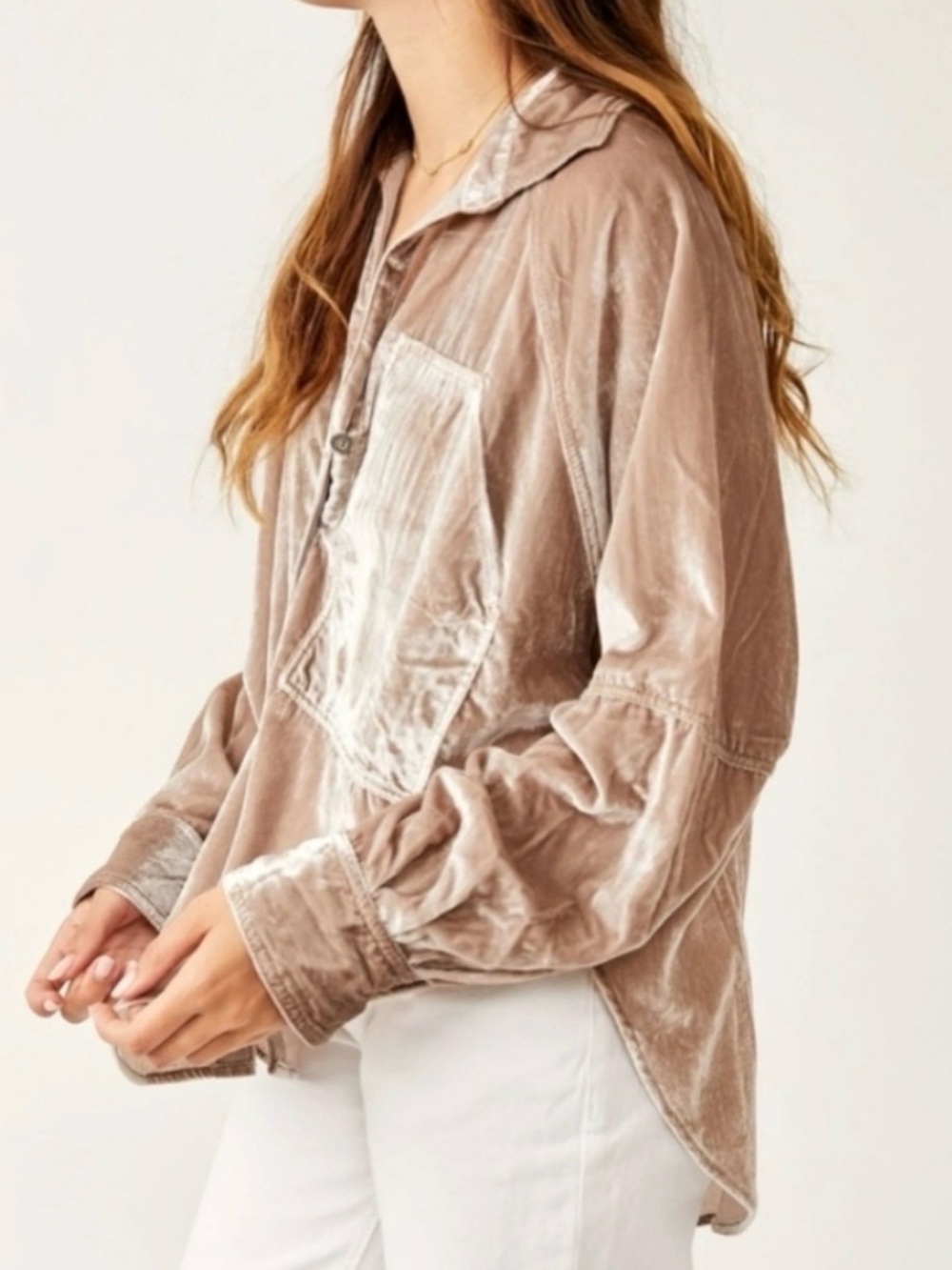 We The Free Night Skies Velvet Shirt Slouchy Oversized Mushroom Taupe Large